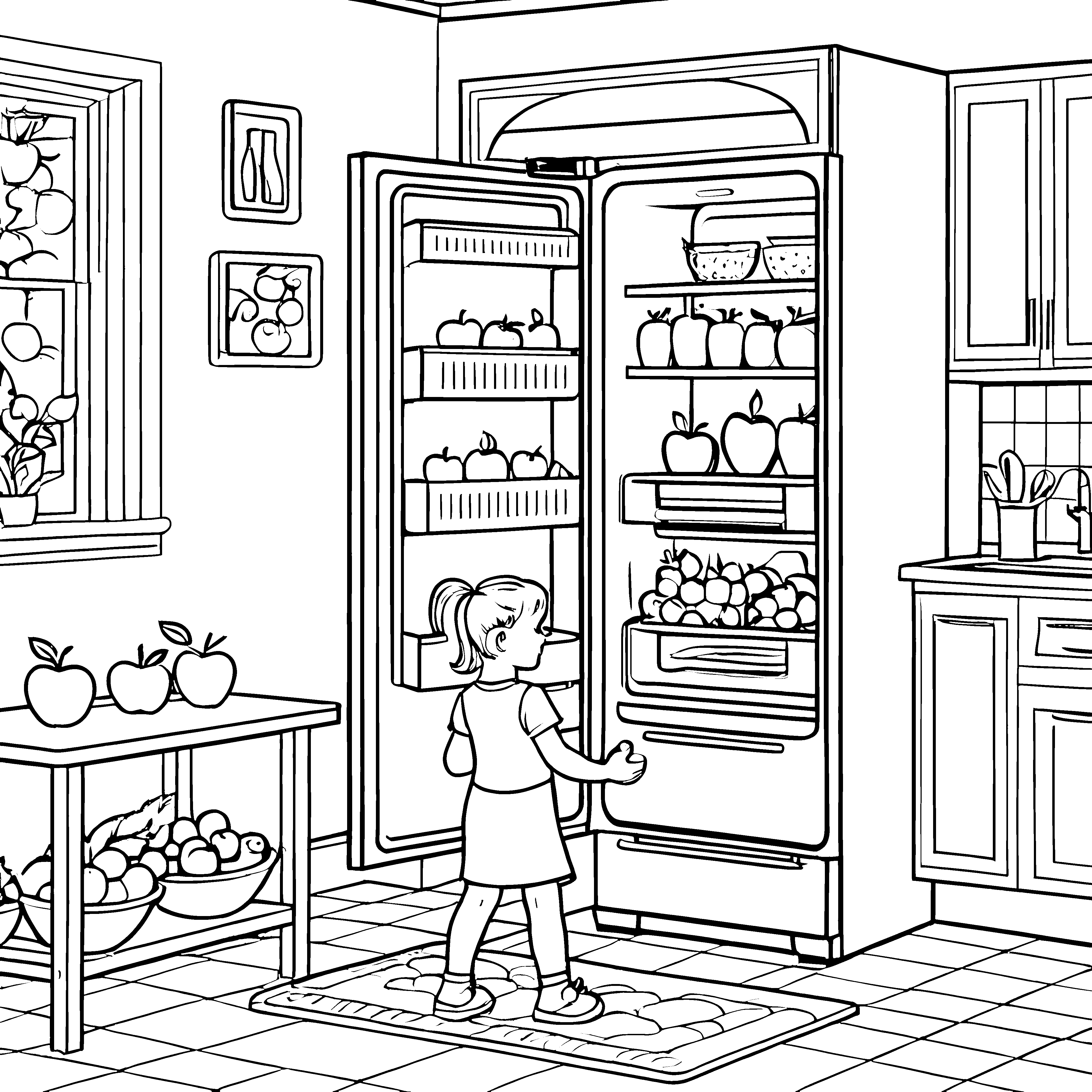 Bunte Früchte im Kühlschrank Ausmalbild für neugierige Küchenforscher