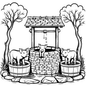 Lustige Schweinchen am alten Brunnen Ausmalvorlage für schlaue Naturforscher