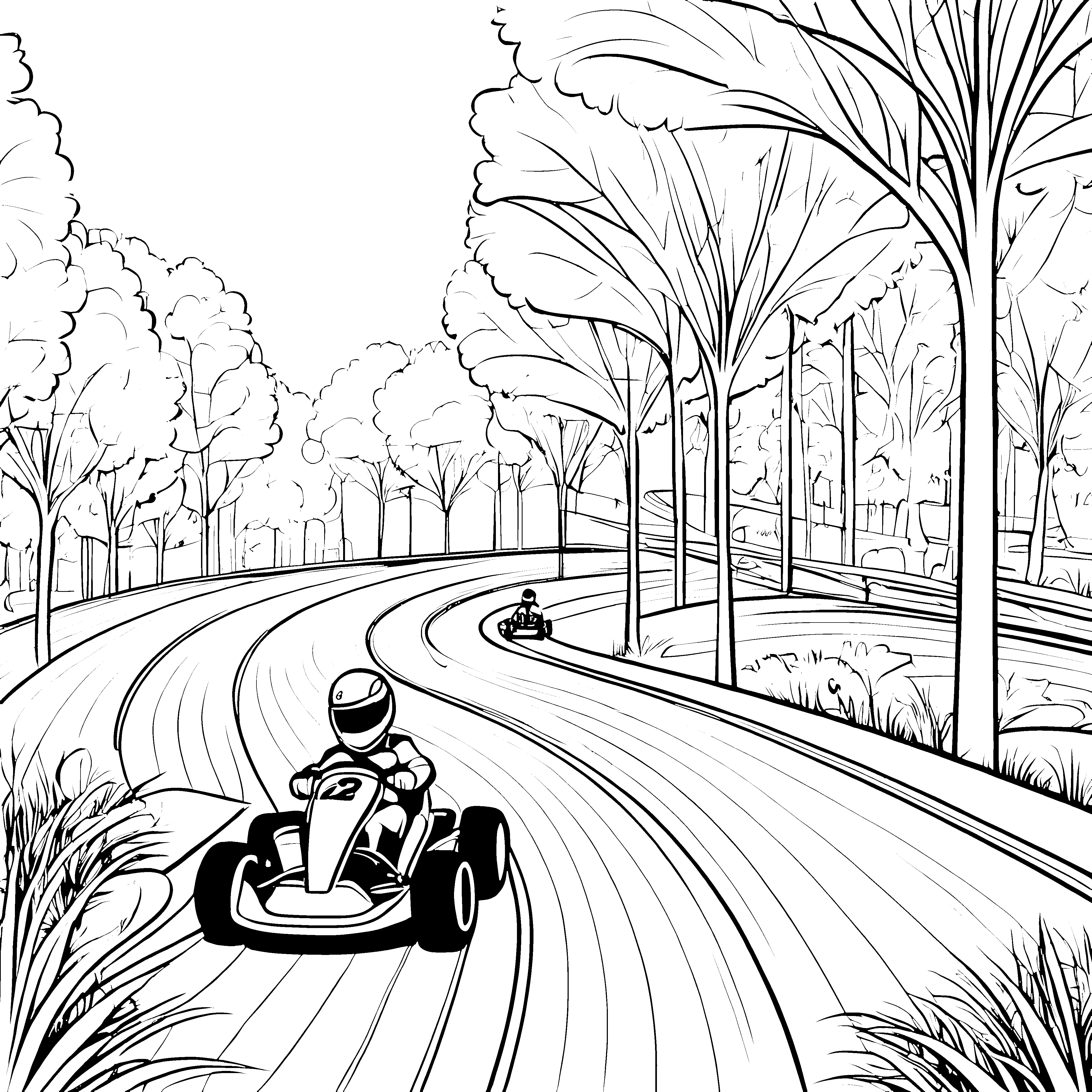 Kurvenreiche Kartbahn mit rasanten Fahrern Ausmalbild für kleine Geschwindigkeitsliebhaber