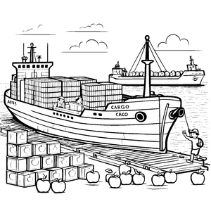 Abenteuerliches Frachtboot im lebhaften Hafen Ausmalbild für kleine Entdecker
