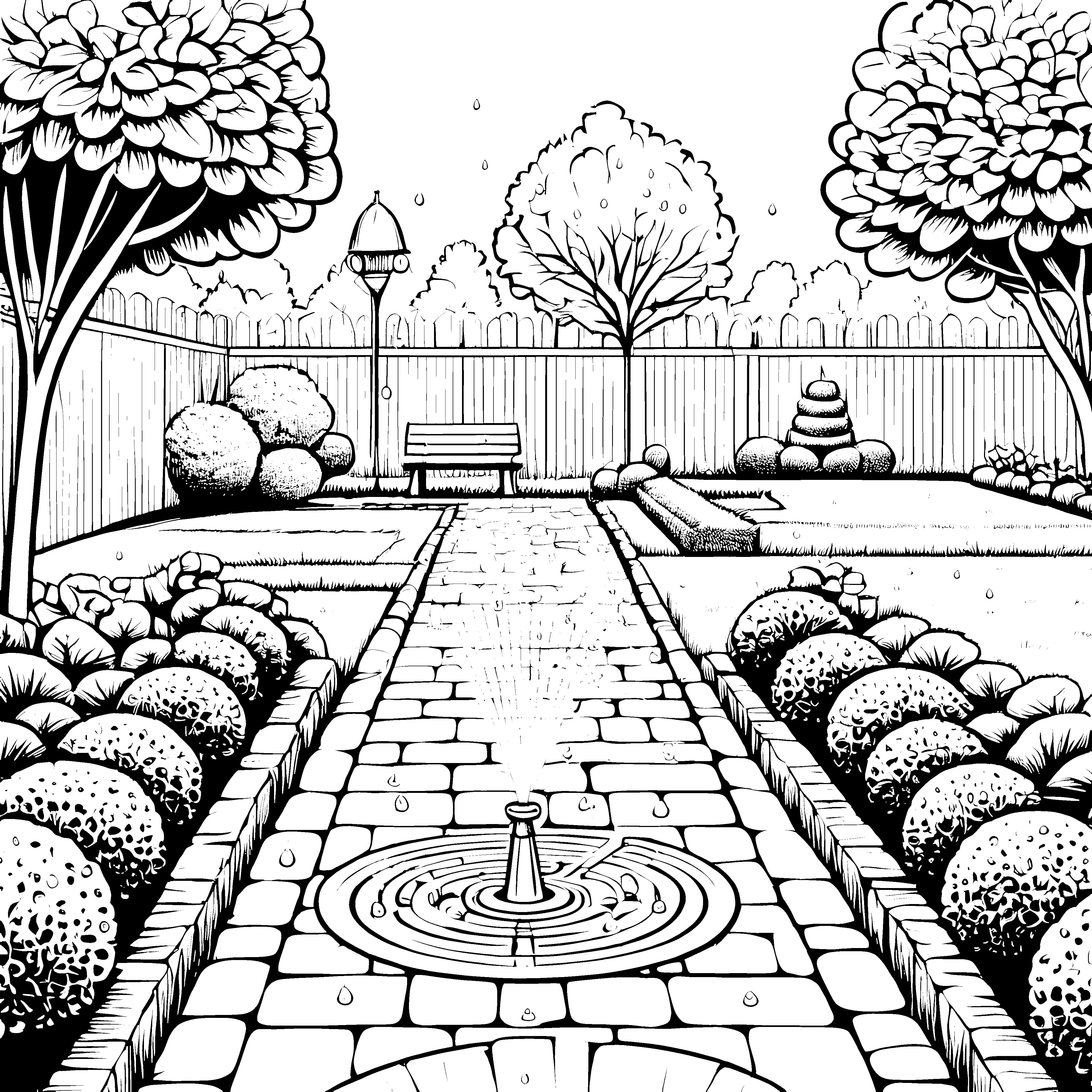 Spritzender Rasensprenger im blühenden Garten Ausmalvorlage für kleine Gartenfreunde