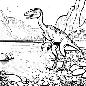 Dynamischer Velociraptor am glitzernden Fluss Ausmalbild für junge Entdecker