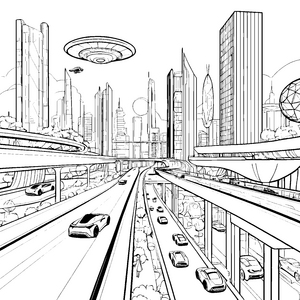 Technologisch beeindruckende Metropole mit fliegenden Fahrzeugen Ausmalbild für futuristische Entdecker