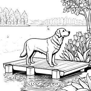 Goldener Retriever auf malerischer Plattform Ausmalvorlage für triebige Naturfreunde