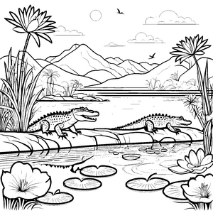 Sonnige Krokodile am ruhigen Teich Ausmalbild für neugierige Entdecker