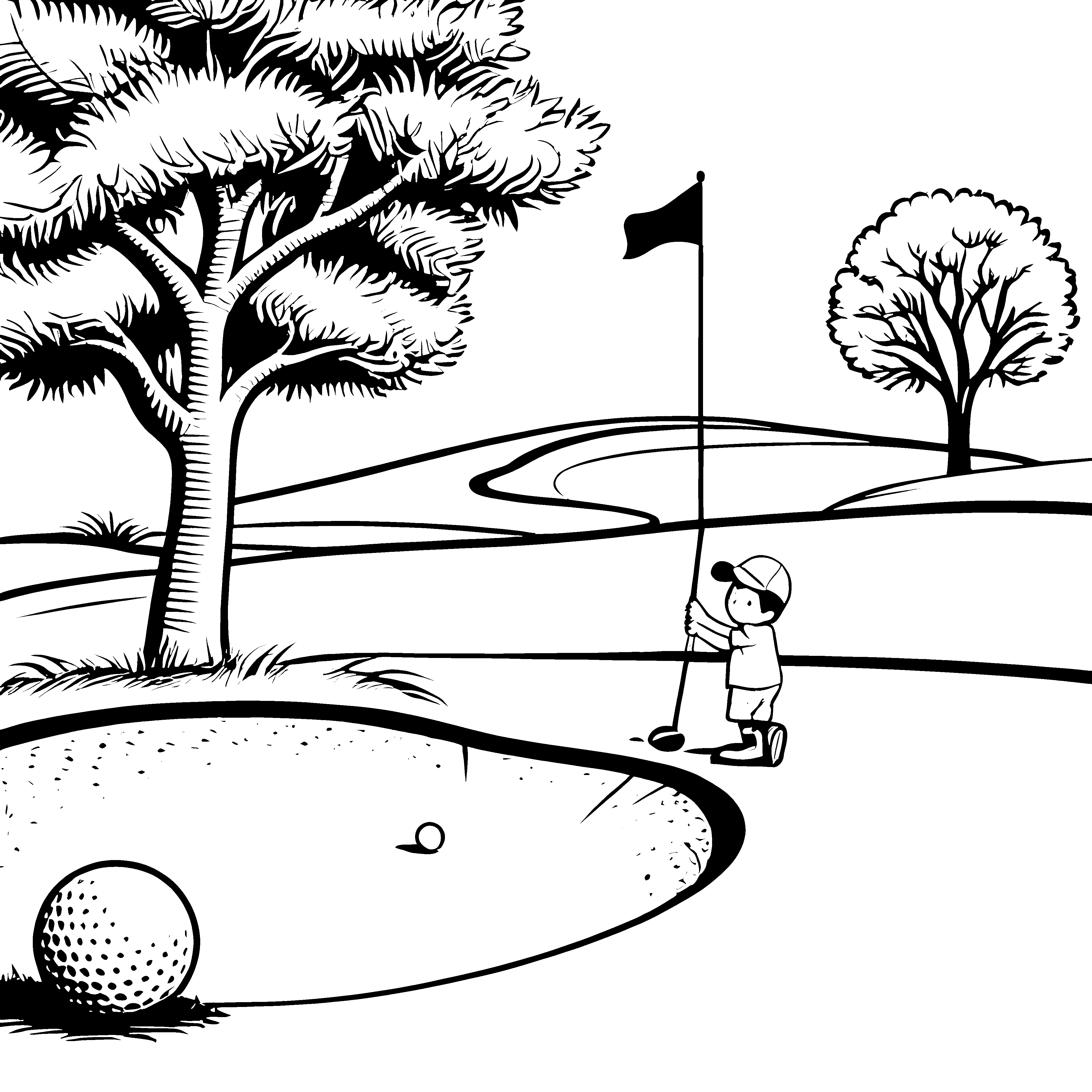 Fröhlicher Golfer am spannenden Sandbunker Ausmalvorlage für kleine Sportfreunde