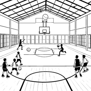 Dynamische Basketballspieler im Wettkampf Ausmalbild für sportliche Entdecker