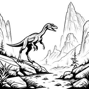 Abenteuerlicher Velociraptor in rauer Landschaft Ausmalvorlage für mutige Entdecker