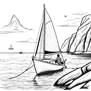 Abenteuerliches Segelboot vor majestätischer Küstenlandschaft Ausmalbild für junge Entdecker