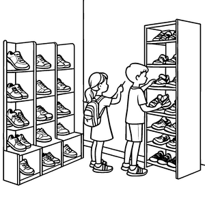 Witziger Schuhschrank mit bunter Sneaker-Auswahl Ausmalbild für kleine Schuhliebhaber