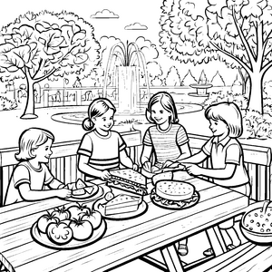 Fröhliche Sandwich-Picknickrunde im Park Ausmalmotiv für hungrige Entdecker
