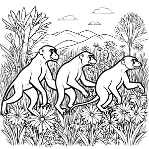 Drei fröhliche Bonobos auf blühender Wiese Ausmalmotiv für kleine Naturfreunde
