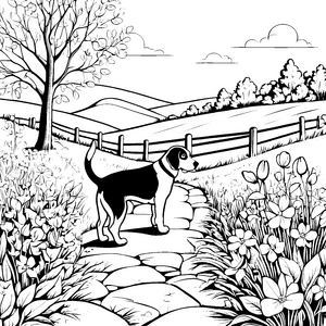 Beagle auf spannender Erkundungstour im blühenden Garten Ausmalvorlage für abenteuerliche Naturfreunde