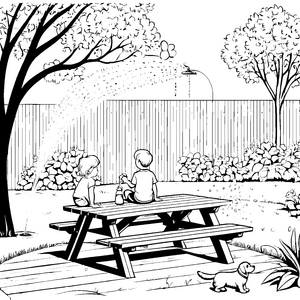 Spritzender Rasensprenger im bunten Garten Ausmalvorlage für kleine Wasserspaß-Entdecker