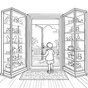 Bezaubernde Vitrine mit spielzeughaften Schätzen Ausmalbild für neugierige Entdecker