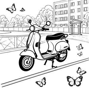 Bezauberndes Moped mit tanzenden Schmetterlingen Ausmalbild für neugierige Fahrtensucher