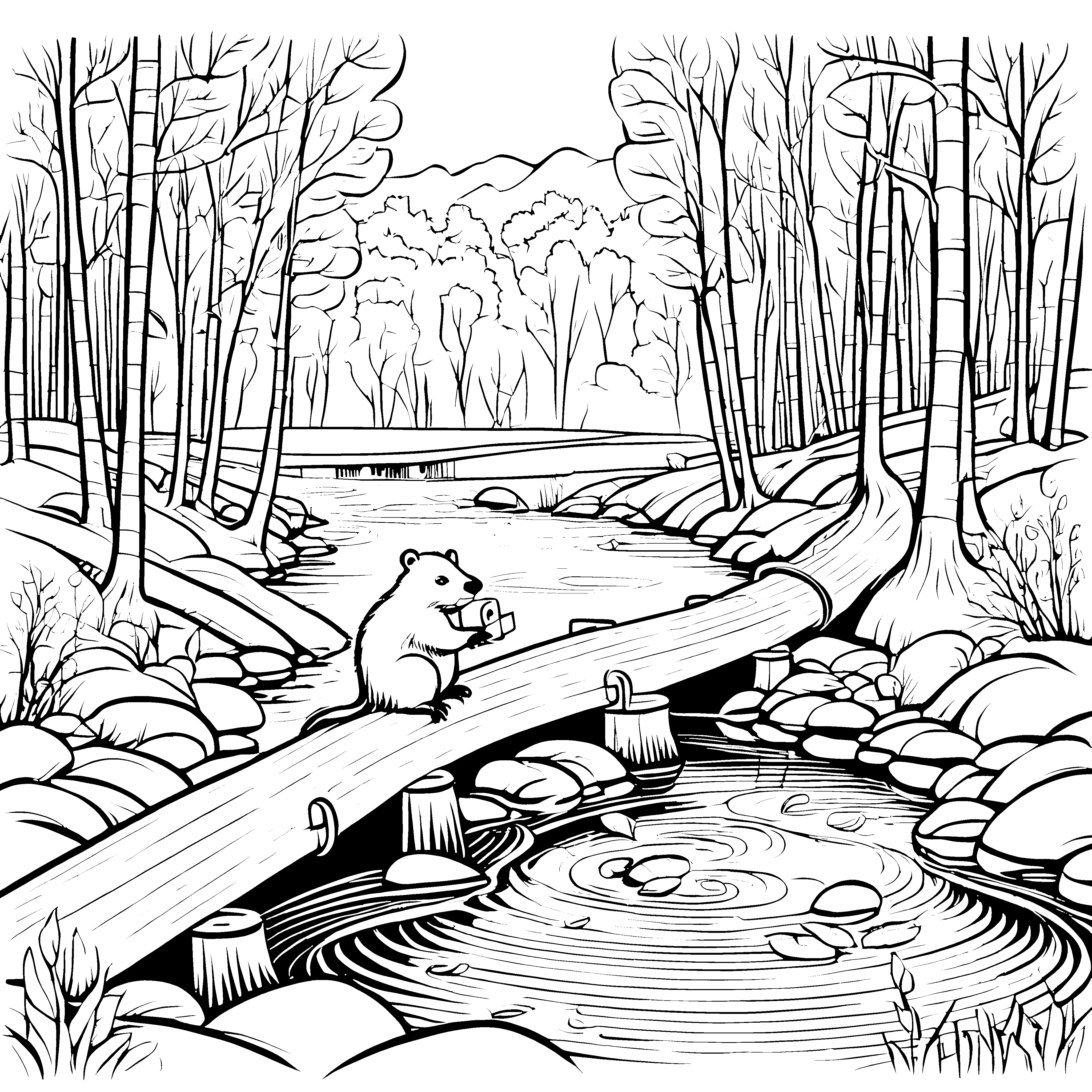 Biber der fröhlich am Fluss spielt Ausmalvorlage für kleine Naturfreunde