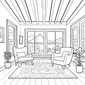 Gemütlicher Relaxsessel mit schöner Aussicht Ausmalmotiv für kreative Entspannungskünstler