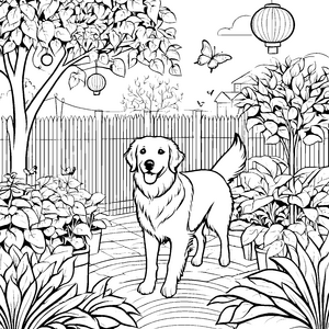Fröhlicher Golden Retriever im blühenden Garten Ausmalbild für neugierige Naturfreunde