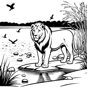 Majestätischer Löwe am ruhigen Flussufer Ausmalbild für abenteuerlustige Entdecker