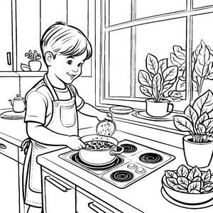 Kreativer Junge beim Zubereiten von Spinat Bastelvorlage für junge Küchenchefs