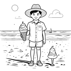 Fröhlicher Junge mit köstlichem Eis am Strand Ausmalvorlage für kleine Genießer