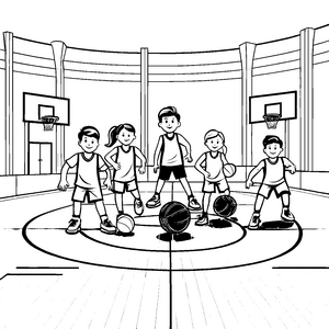 Fröhliche Basketballspieler in buntem Sportfeld Ausmalvorlage für begeisterte Sportler