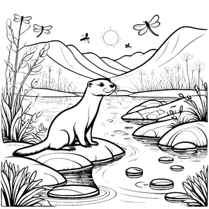 Spaßiger Otter auf fließendem Wasser Ausmalbild für neugierige Naturfreunde