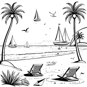Verträumte Strandliegen unter Palmen Ausmalmotiv für entspannte Sandabenteurer