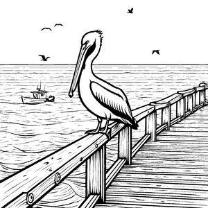 Eleganter Pelikan auf malerischer Holzbrücke Ausmalmotiv für kleine Entdecker