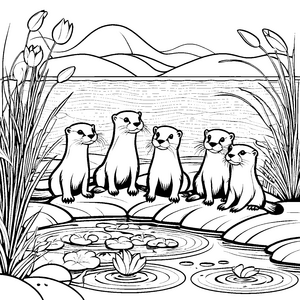 Fröhliche Otterbande am plätschernden Teich Ausmalvorlage für neugierige Entdecker