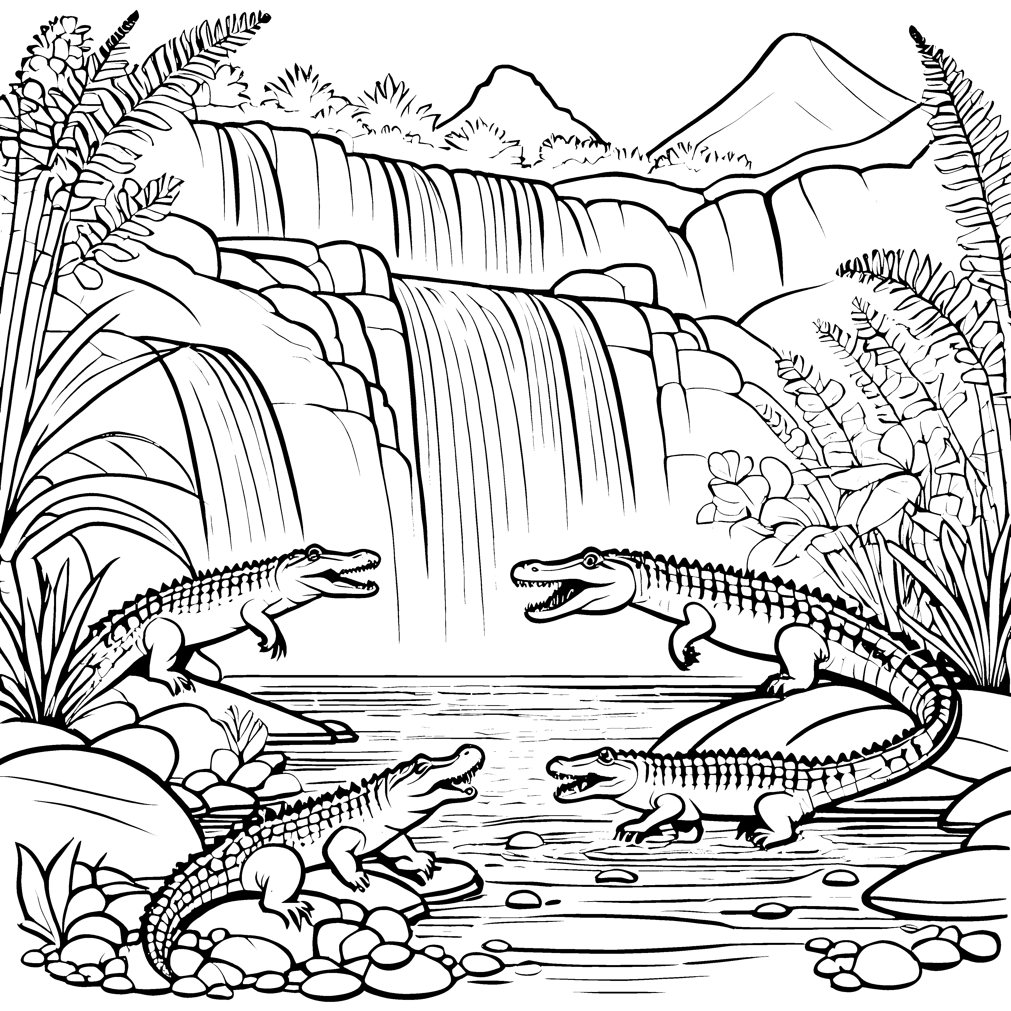 Abenteuerliche Krokodile am Wasserfall Malvorlage für kleine Entdecker