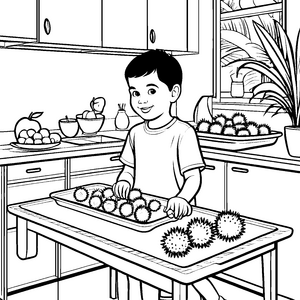 Rambutan-Pflücker zwischen bunten Früchten Malvorlage für kleine Küchenchefs