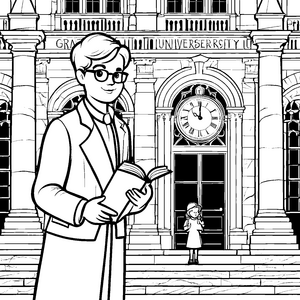 Wissbegieriger Student vor historischer Universitätsfassade Ausmalbild für junge Wissenschaftsfreunde