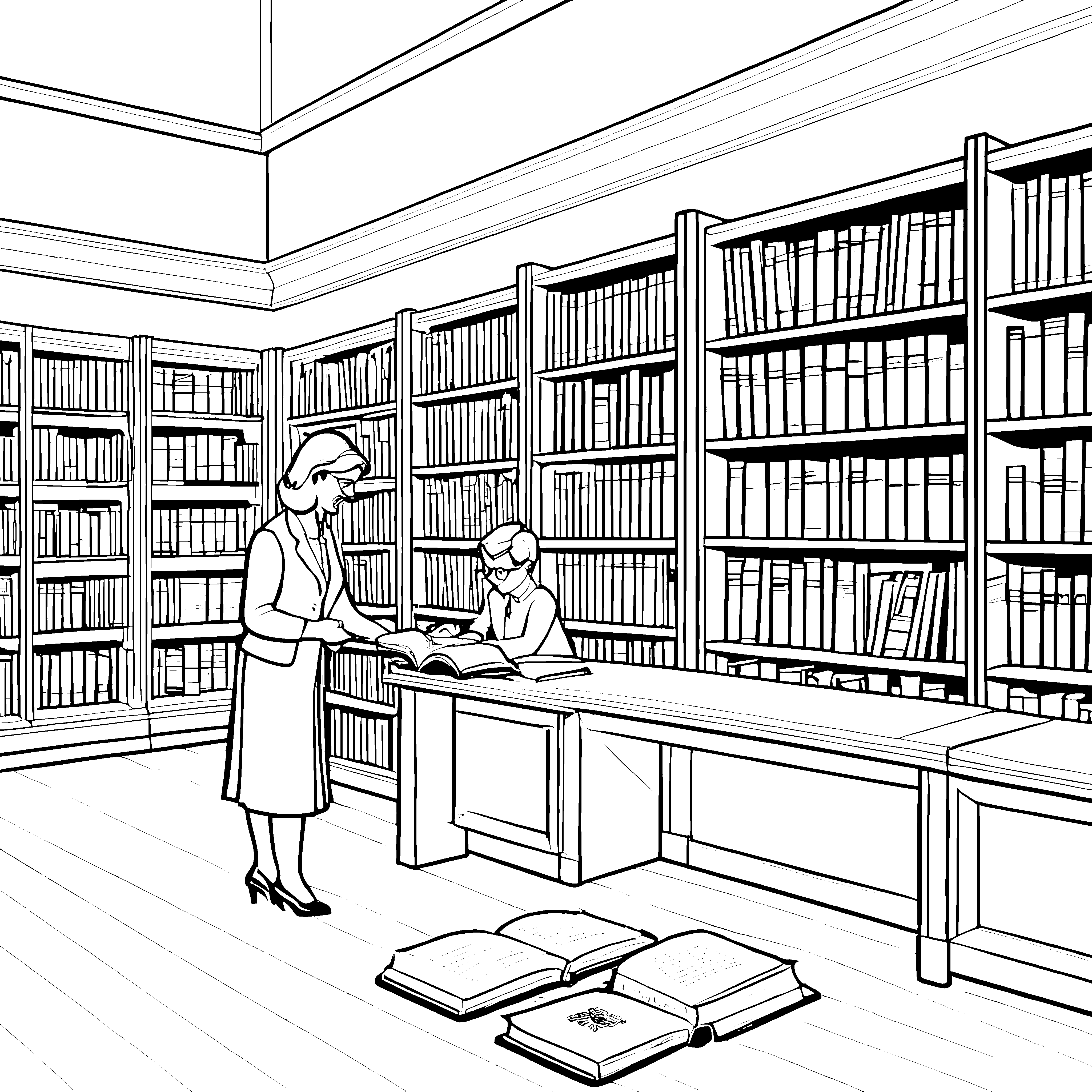 Wissbegierige Bibliothekarin mit aufgeschlagenem Buch Ausmalbild für wissenshungrige Entdecker