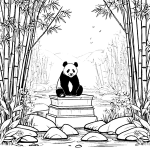 Niedlicher Panda auf Felsen in Bambuswald Ausmalbild für kleine Naturforscher