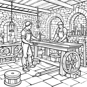 Historische Radmacher bei der Arbeit Ausmalvorlage für kleine Handwerkskünstler