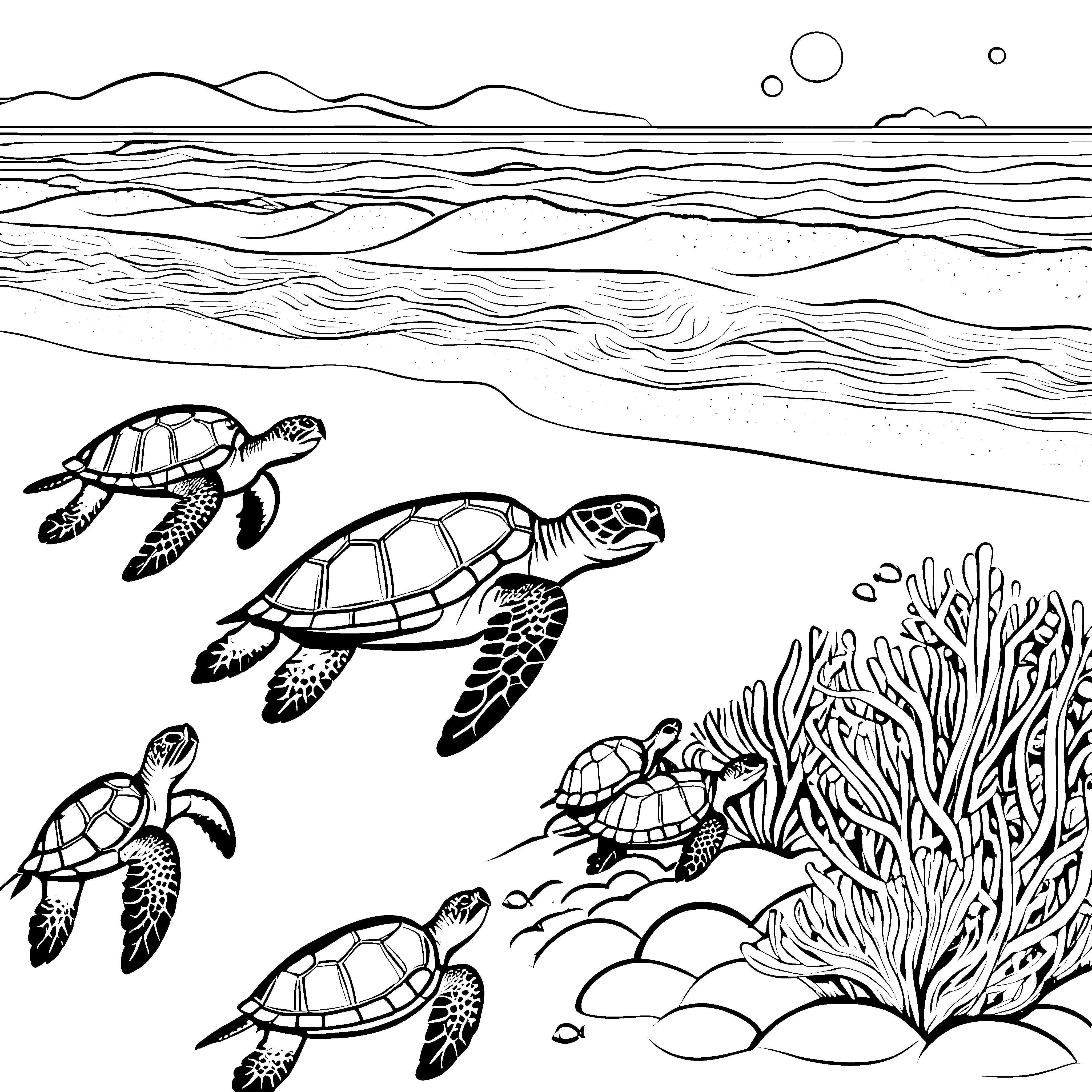 Fröhliche Schildkröten bei ihrem Abenteuer im Ozean Ausmalvorlage für kleine Naturfreunde