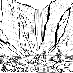 Faszination Wasserfall und abenteuerliche Geologen bei der Erkundung Ausmalmotiv für wissensdurstige Entdecker