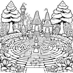Bezaubernde Gartenzwerge am sprudelnden Brunnen Ausmalbild für fantasievolle Naturfreunde