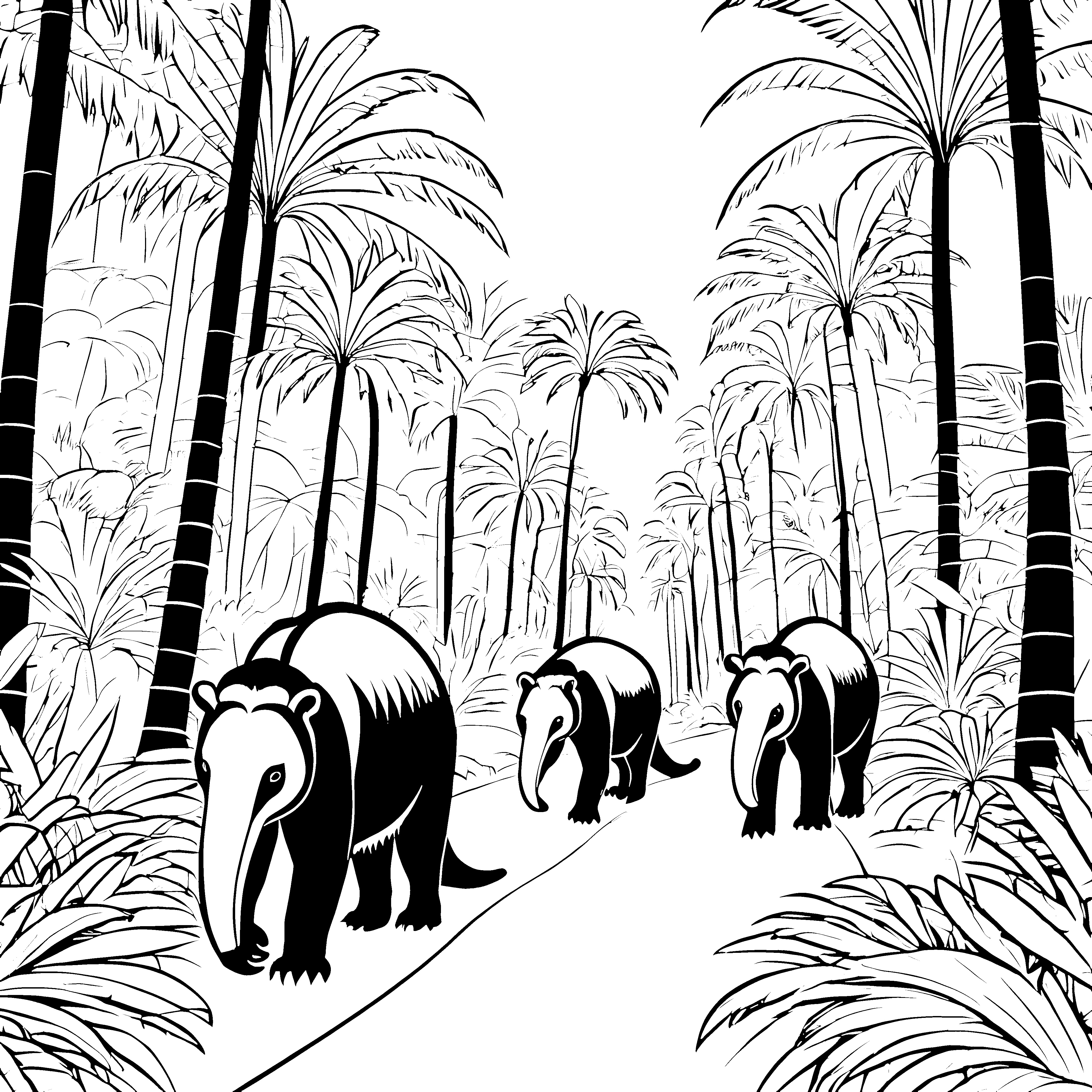 Entspanntes Ameisenbär-Trio im Dschungel Ausmalbild für abenteuerlustige Naturentdecker