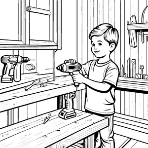 Flinke Bohrmaschinen im kreativen Bastelatelier Ausmalvorlage für entdeckungsfreudige Handwerker