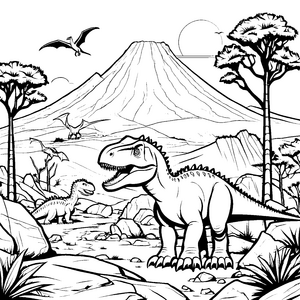 Majestätischer Tyrannosaurus Rex vor Vulkan Malvorlage für neugierige Dino-Fans