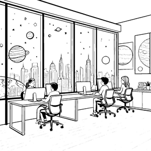 Kreativer Bürostuhl mit Ausblick auf den Weltraum Ausmalbild für junge Visionäre