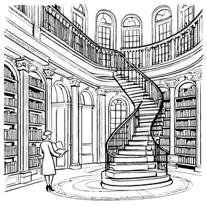Charmante Bibliothekarin im großen Lesesaal Ausmalbild für kleine Bücherliebhaber