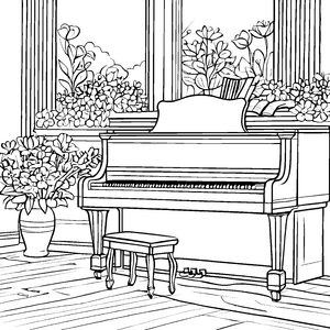 Elegantes Klavier mit blühenden Pflanzen Ausmalmotiv für kreative Musikfreunde
