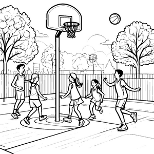 Dynamische Basketballspieler auf dem Spielfeld Ausmalbild für sportliche Entdecker