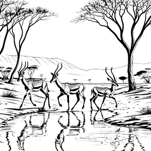 Elegante Gazellen am glitzernden Wasser Ausmalvorlage für mutige Naturentdecker