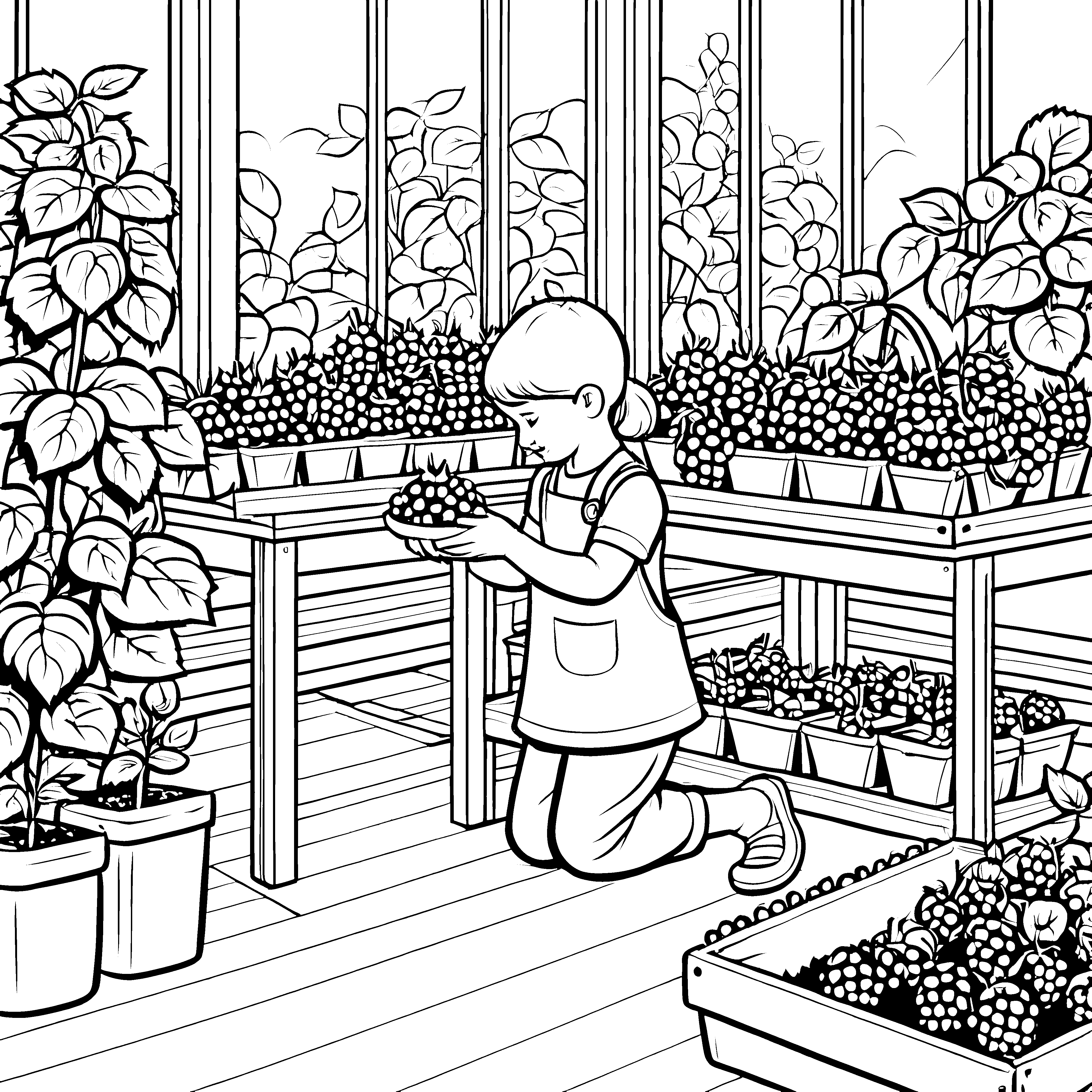 Bezaubernde Himbeeren in freundlichem Gewächshaus Ausmalvorlage für kleine Entdecker