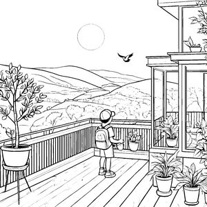 Sonniger Balkon mit bunten Pflanzen Ausmalbild für kleine Entdecker